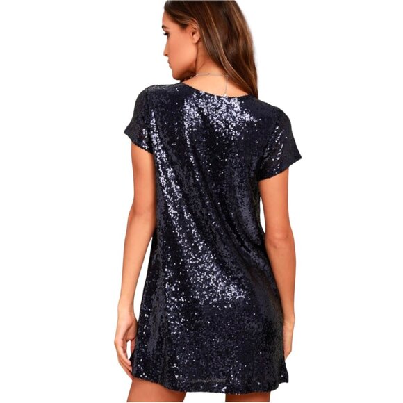Lulus Navy Blue Sequin Short Sleeve V-Neck Shift Dress Women SZ XS - Picture 3 of 15